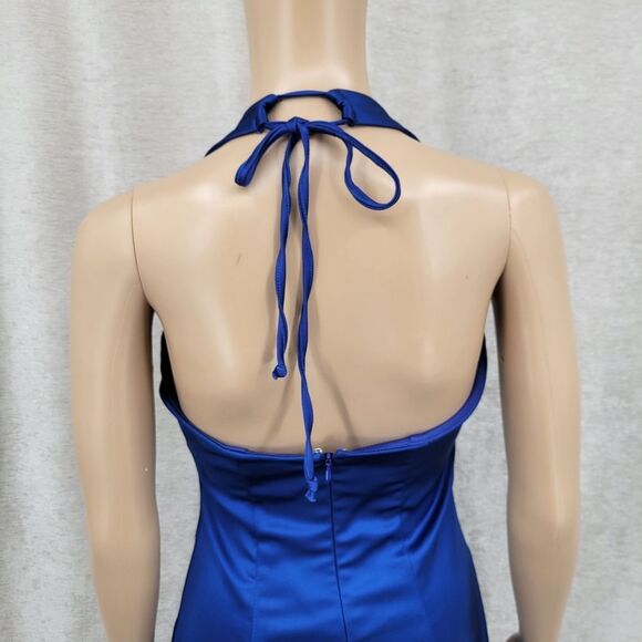 Cache Y2K Elegant Blue Satin Bodycon Halter Dress - Picture 6 of 14